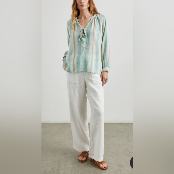 Rails Brielle Linen Top Green and White Tie Front Long Sleeve Blouse XXL NWT - Picture 4 of 12